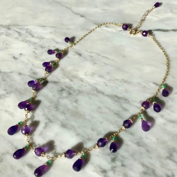 Natural African Amethyst Brazilian Emerald Gold Filled Necklace